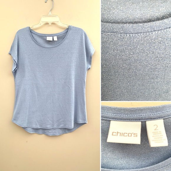 Chico's Tops - Chico’s light blue/gray with silver metallic thread knit cap sleeve soft tee 2=L